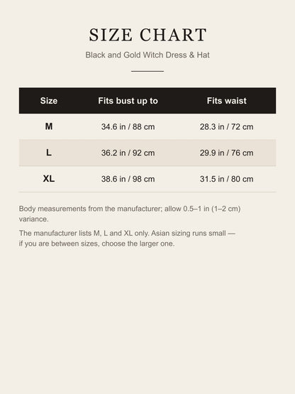 Size chart for the black and gold witch costume: M, L and XL bust and waist measurements in inches and cm