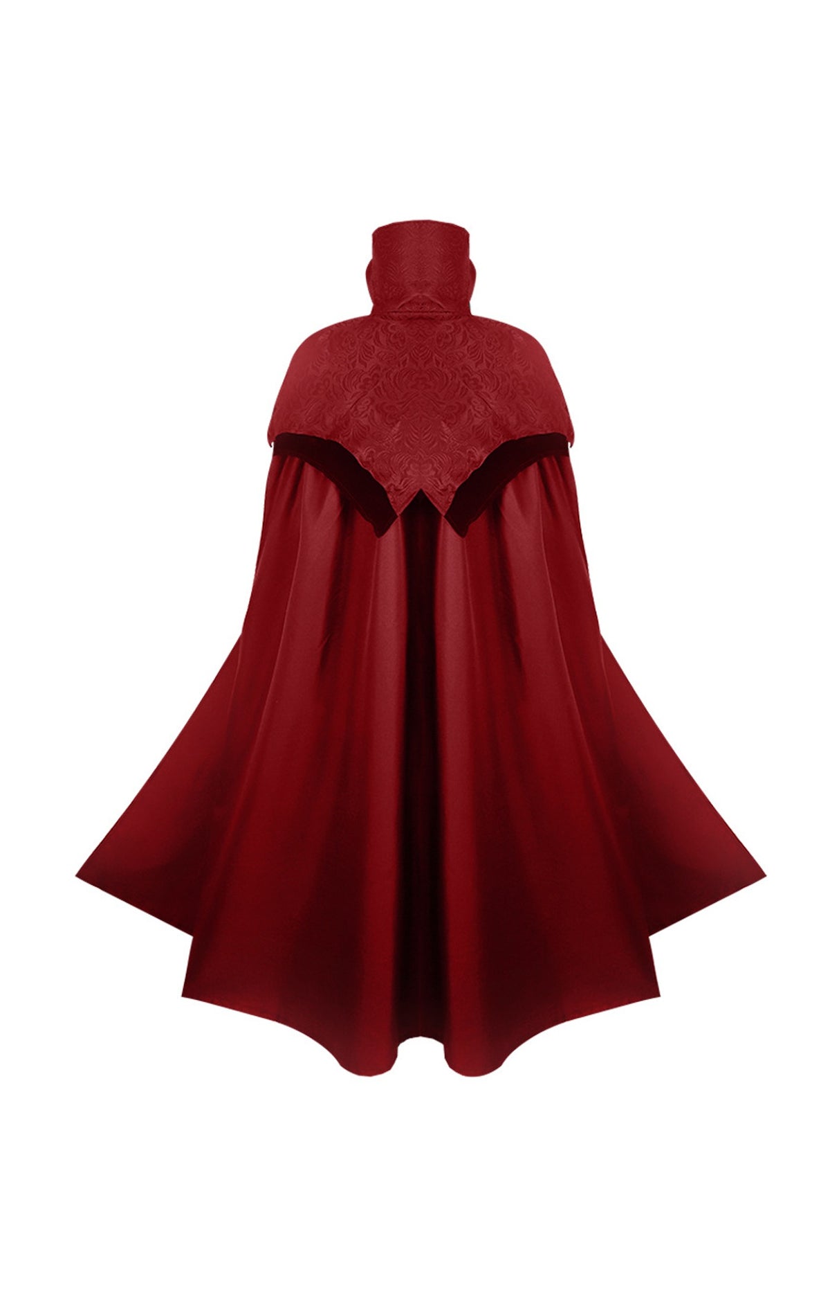 Red version of the gothic vampire cape with high stand collar and jacquard capelet, back view