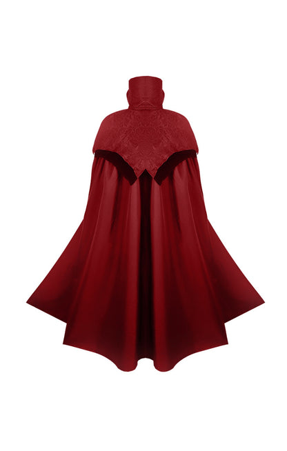 Red version of the gothic vampire cape with high stand collar and jacquard capelet, back view