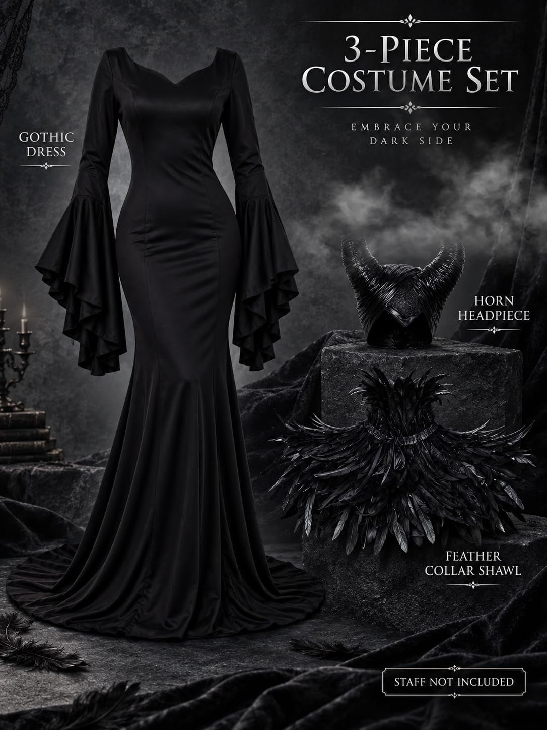 What's included: black gothic dress, horn headpiece and feather collar shawl (3-piece set, staff not included)
