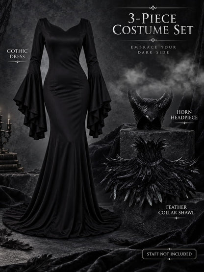What's included: black gothic dress, horn headpiece and feather collar shawl (3-piece set, staff not included)