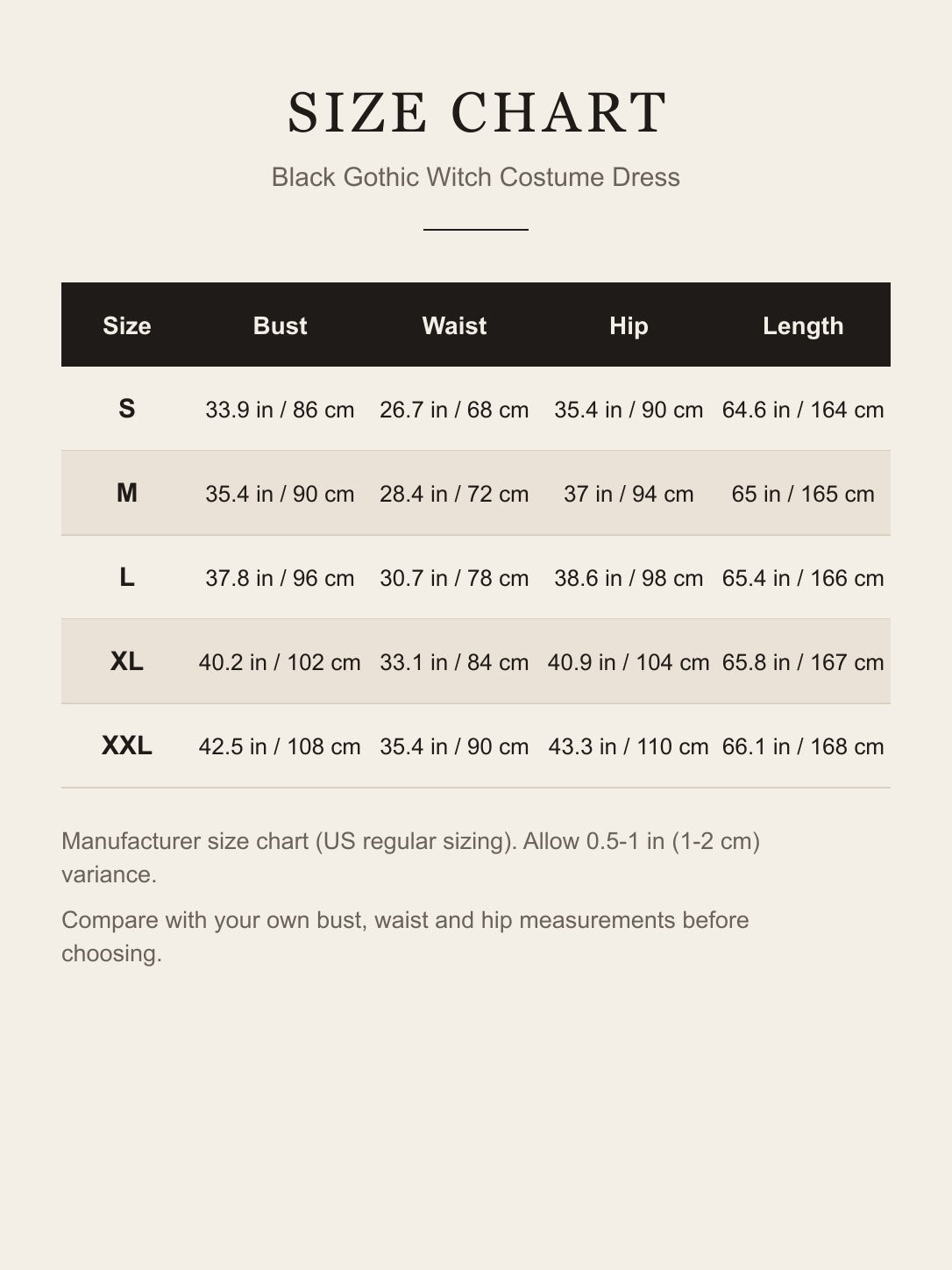 Size chart for the black gothic witch costume dress: bust, waist, hip and length for S to XXL in inches and centimeters