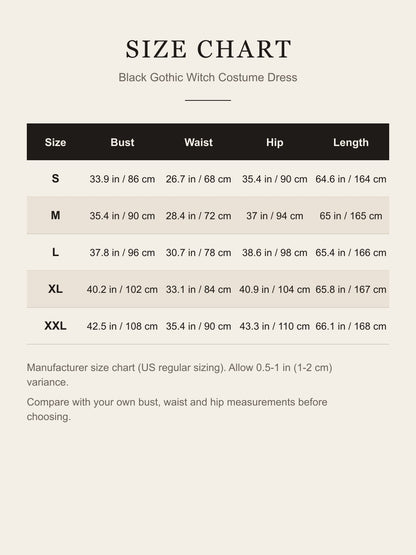 Size chart for the black gothic witch costume dress: bust, waist, hip and length for S to XXL in inches and centimeters