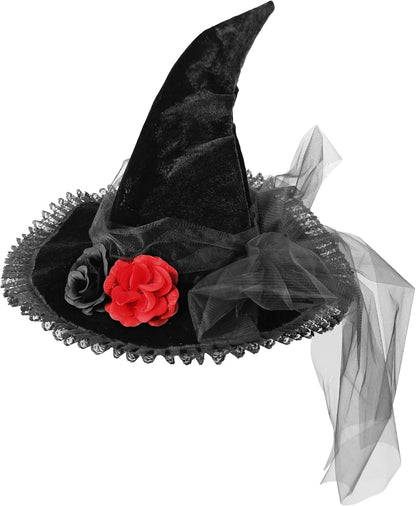 Black witch hat with lace-trimmed wavy brim, black and red roses and sheer tulle veil, product photo