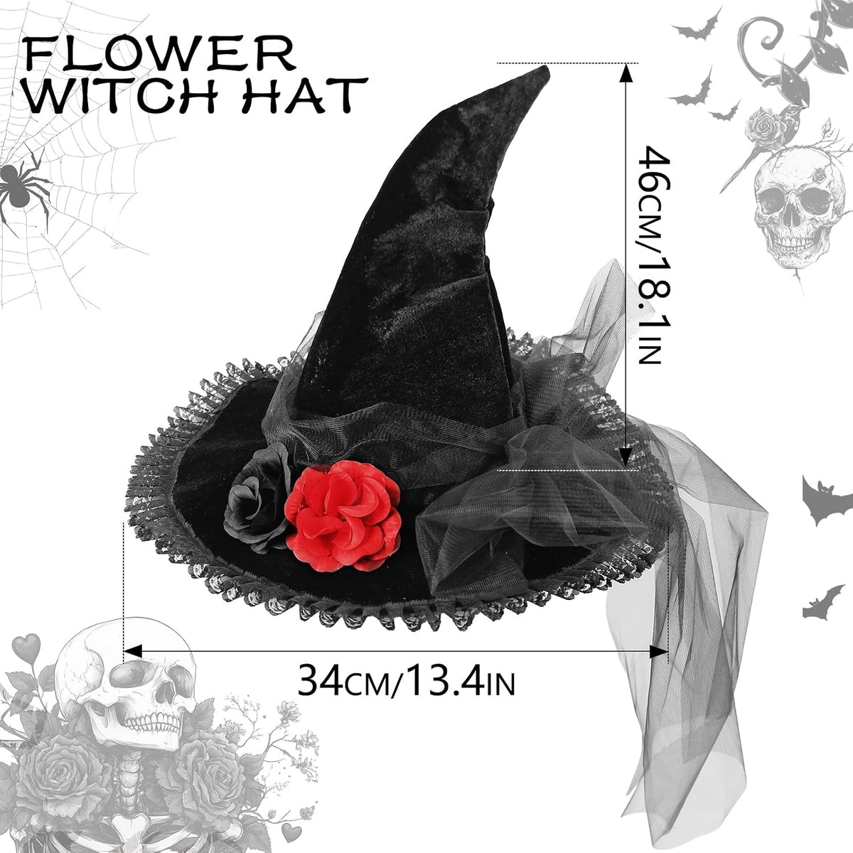 Witch hat dimensions: 46 cm / 18.1 in tall and 34 cm / 13.4 in brim width