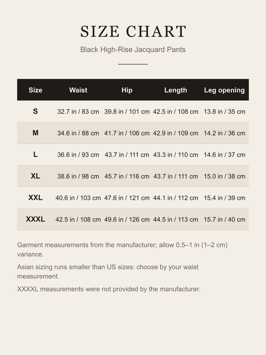 Size chart for the black high-rise damask pants: waist, hip, length and leg opening for S to XXXL in inches and centimeters