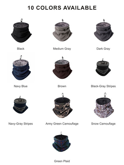 Fleece-lined neck gaiter in 10 colors: black, gray, navy, brown, stripes, camouflage and green plaid