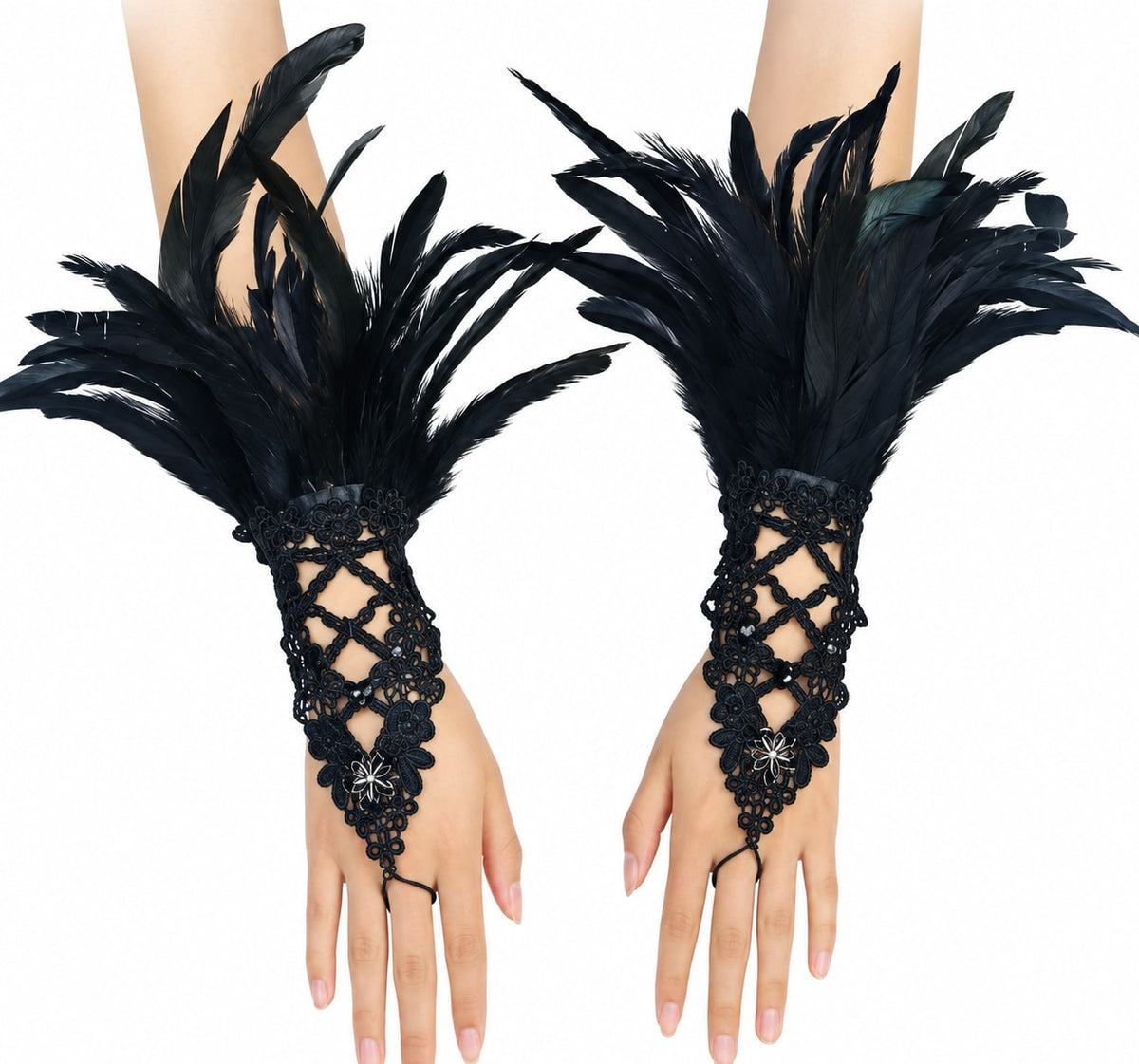 Close-up of the pair of black feather lace fingerless gloves: tall black feathers, criss-cross lace, silver flower accent and middle-finger loop