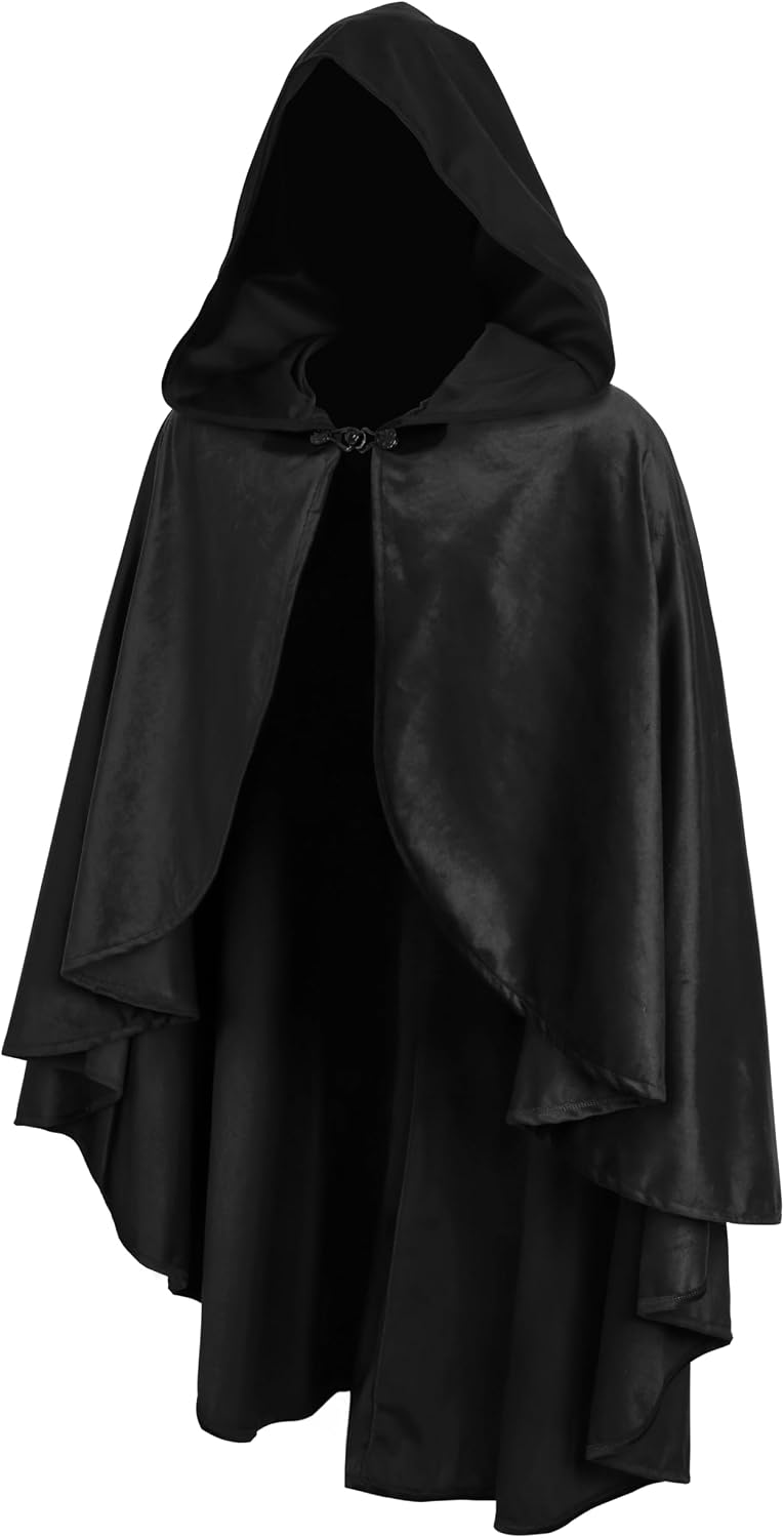 Kids' black velvet hooded cloak on its own, front view with the metal clasp and curved hem