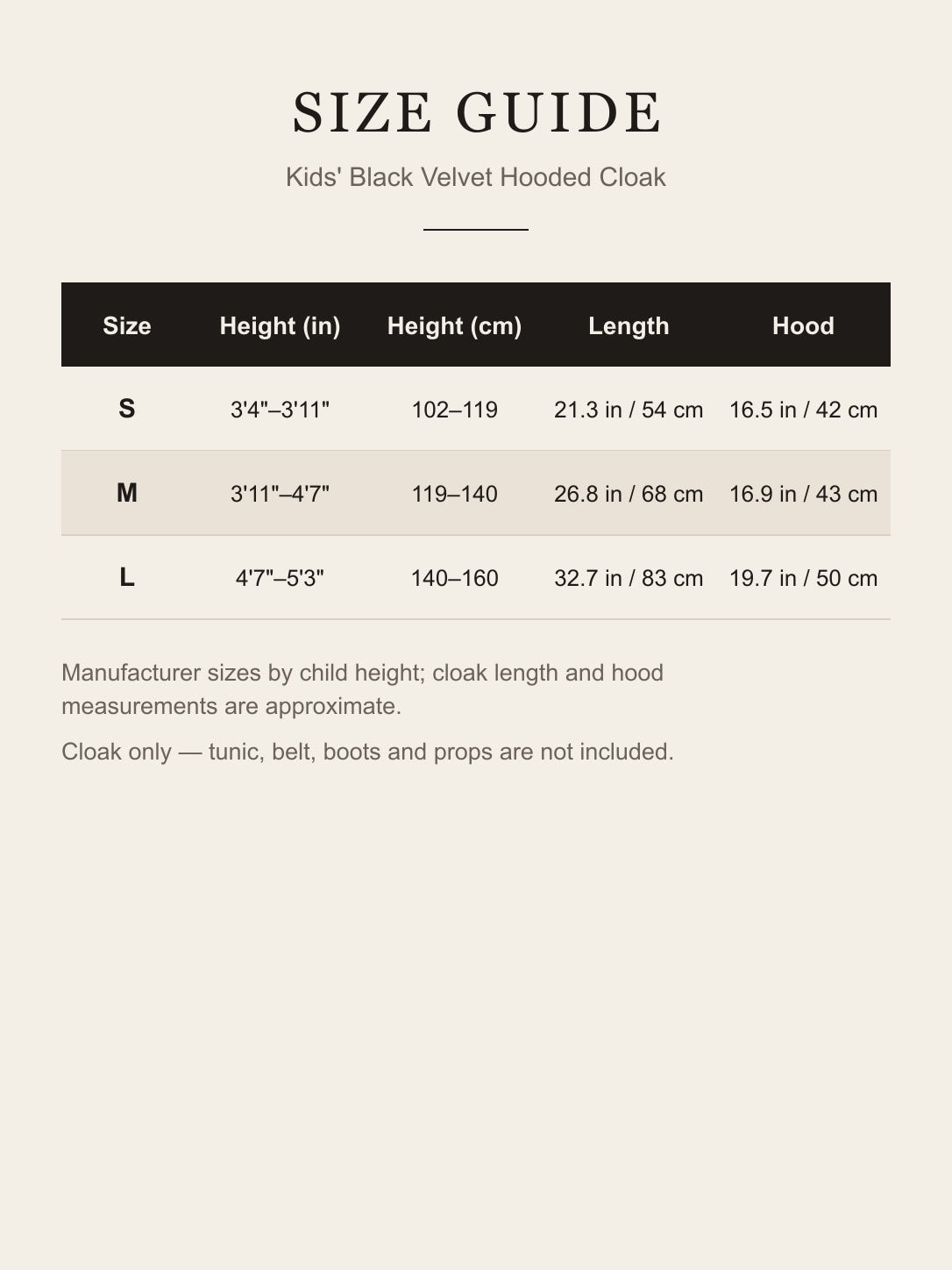 Size guide for the kids' black hooded cloak: S 3'4"–3'11", length 21.3 in; M 3'11"–4'7", length 26.8 in; L 4'7"–5'3", length 32.7 in