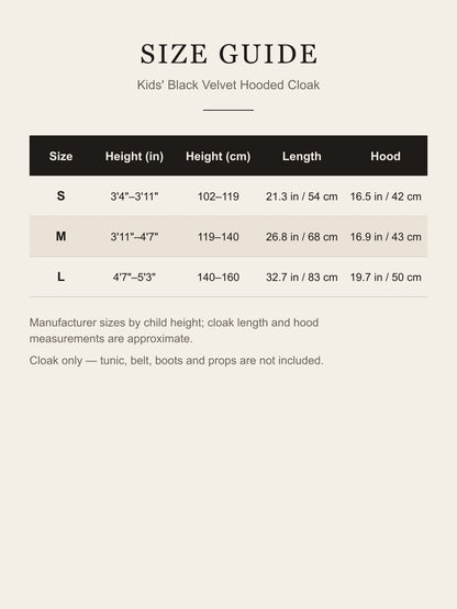 Size guide for the kids' black hooded cloak: S 3'4"–3'11", length 21.3 in; M 3'11"–4'7", length 26.8 in; L 4'7"–5'3", length 32.7 in