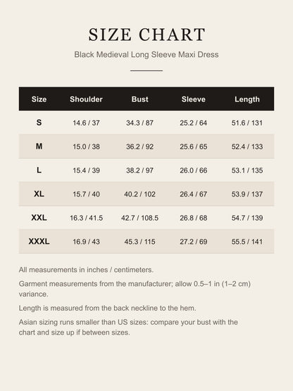 Size chart for the black medieval maxi dress: shoulder, bust, sleeve and length for S to XXXL in inches and centimeters