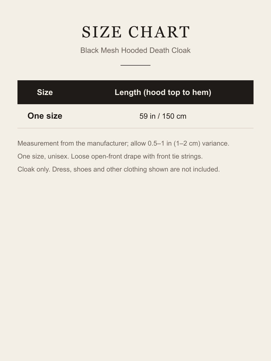 Black Mesh Death Cloak with Hood size chart, 59 in (150 cm) length