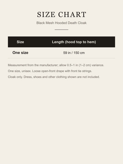 Black Mesh Death Cloak with Hood size chart, 59 in (150 cm) length