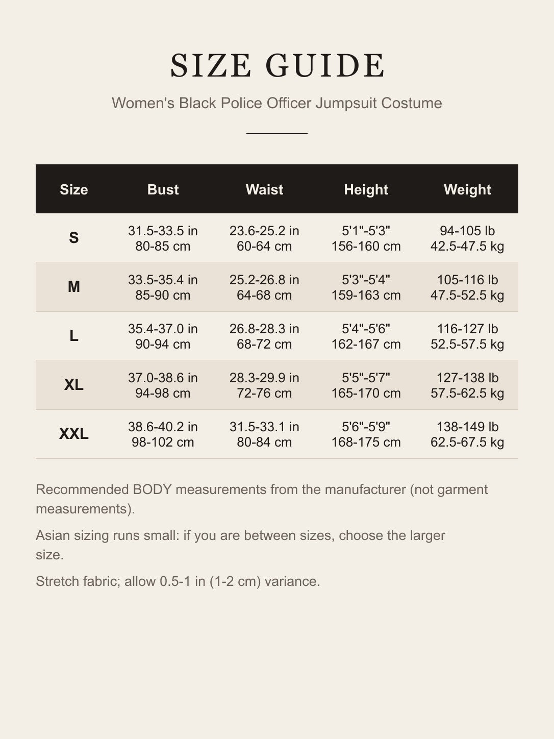 Size guide for the women's black police officer jumpsuit: bust, waist, height and weight for S to XXL in inches and centimeters