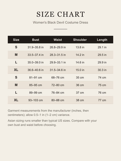 Size chart for the women's black devil costume dress: bust, waist, shoulder and length for S, M, L and XL in inches and centimeters