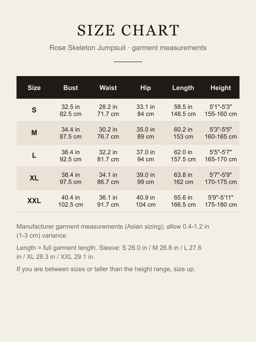 Size chart for the women's rose skeleton jumpsuit, S to XXL, bust, waist, hip, length and height in inches and cm