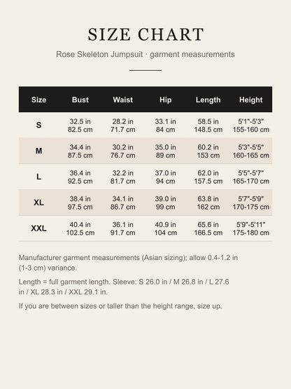 Size chart for the women's rose skeleton jumpsuit, S to XXL, bust, waist, hip, length and height in inches and cm