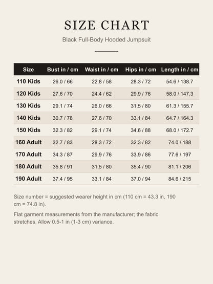 Size chart for the black hooded jumpsuit: kids 110-150 and adult 160-190 with bust, waist, hips and length in inches and centimeters