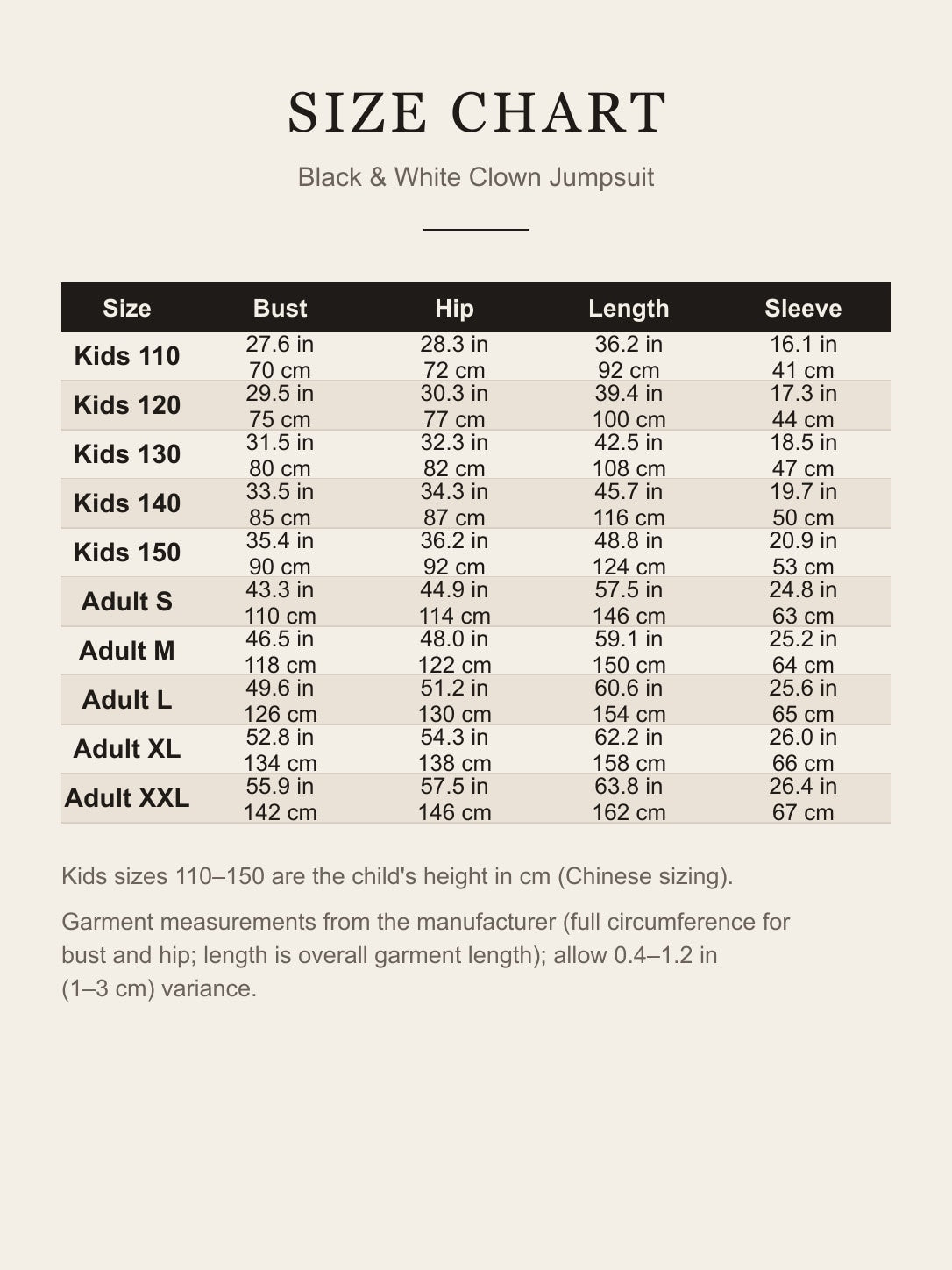 Size chart for black and white clown jumpsuit, kids 110-150 and adult S-XXL, bust, hip, length and sleeve in inches and cm
