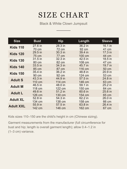Size chart for black and white clown jumpsuit, kids 110-150 and adult S-XXL, bust, hip, length and sleeve in inches and cm