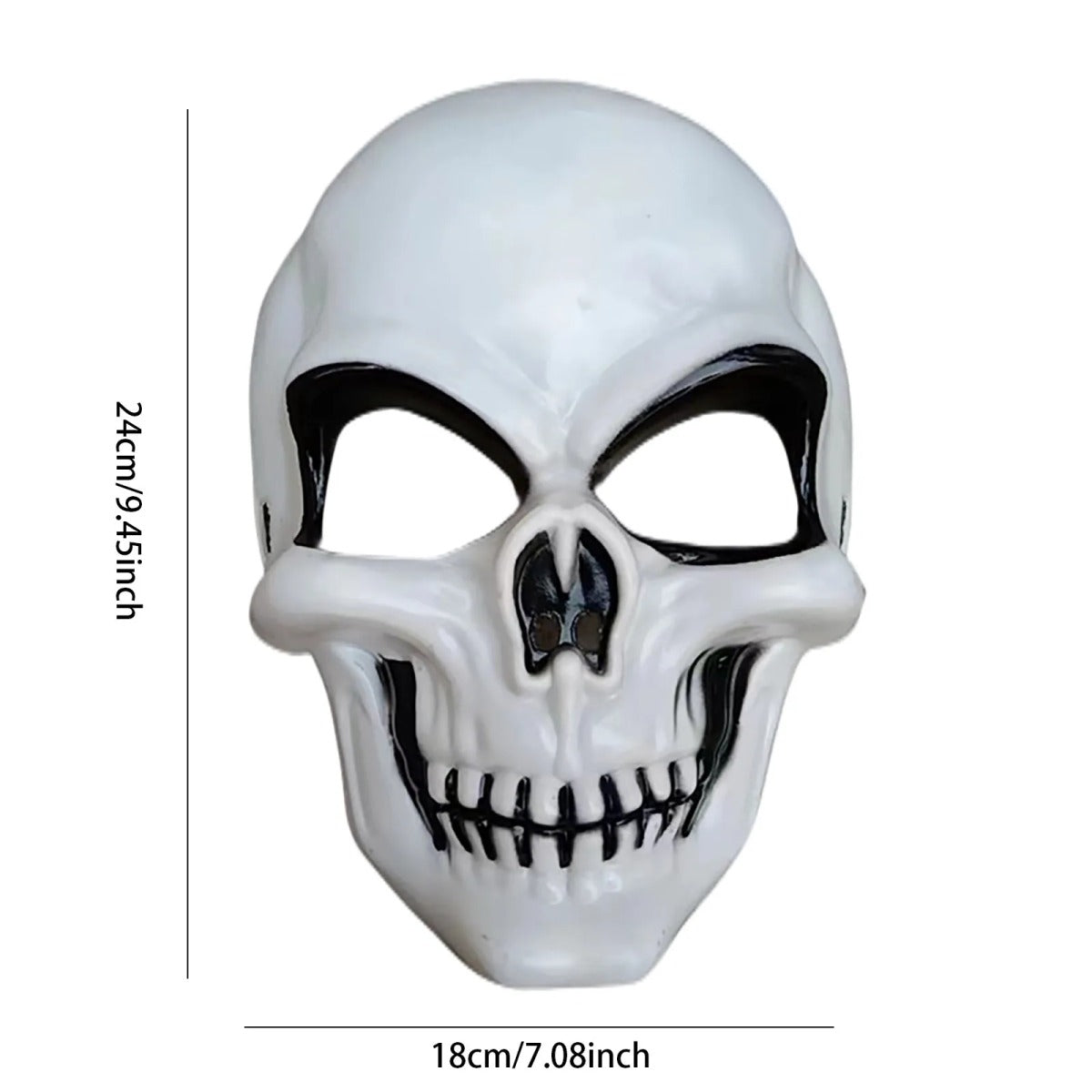 White skull mask with dimensions: 24 cm (9.45 in) tall and 18 cm (7.08 in) wide