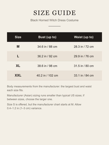 Size guide for the black horned witch costume, bust and waist in inches and centimeters, sizes M to XXL