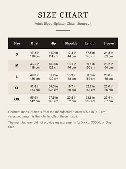 Size chart for the adult blood-splatter clown jumpsuit: bust, hip, shoulder, length and sleeve for S to XXL in inches and centimeters