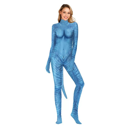 Woman wearing the blue alien bodysuit with tail, attached gloves and foot covers, front view on white
