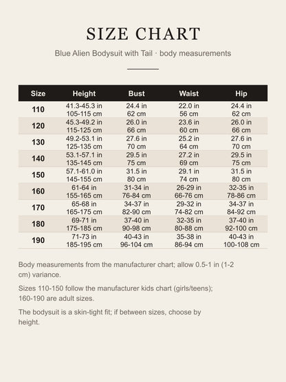 Size chart for the blue alien bodysuit: height, bust, waist and hip for sizes 110 to 190 in inches and centimeters