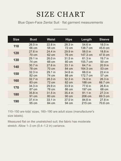 Size chart for the blue zentai suit: bust, waist, hips, length and sleeve for sizes 110 to 190 in inches and centimeters