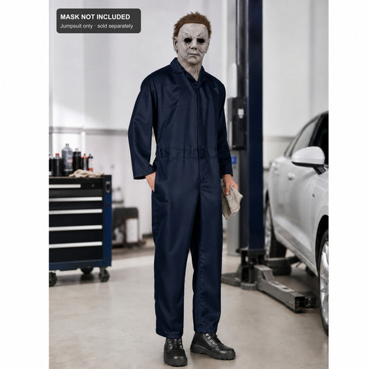 Man wearing the navy blue coverall jumpsuit with a horror face mask in a garage workshop; mask not included, jumpsuit only