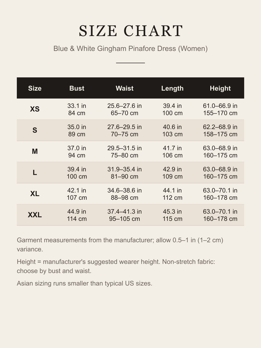 Size chart for the women's gingham pinafore dress: bust, waist, length and suggested height for XS to XXL in inches and centimeters