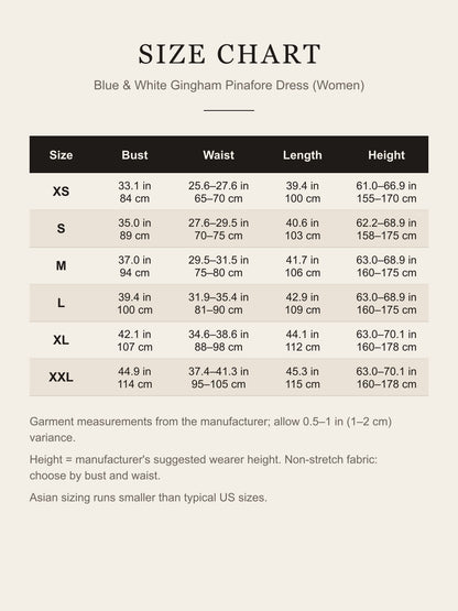 Size chart for the women's gingham pinafore dress: bust, waist, length and suggested height for XS to XXL in inches and centimeters