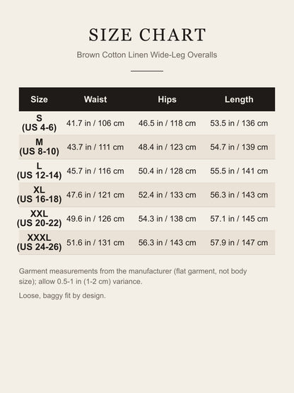 Size chart for the brown wide-leg overalls: waist, hips and length for S to XXXL in inches and centimeters