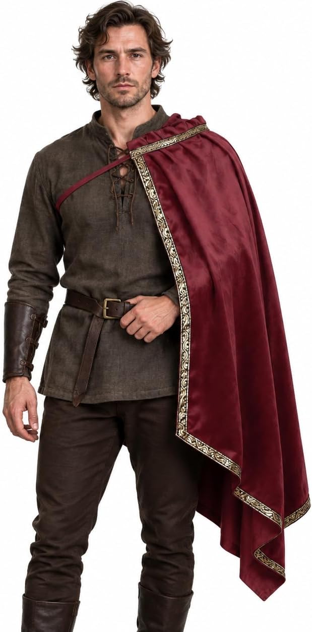 Burgundy medieval half-shoulder cape with gold-tone trim, draped over one shoulder – front view