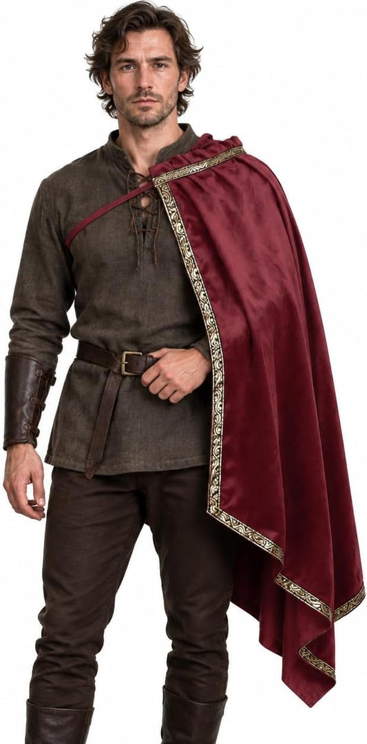 Burgundy medieval half-shoulder cape with gold-tone trim, draped over one shoulder – front view
