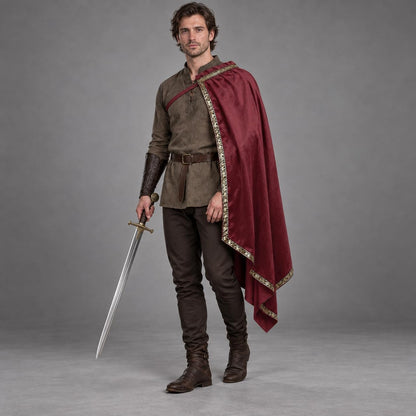 Burgundy half-shoulder cape with gold-tone trim worn over a medieval tunic; tunic and sword are styling props