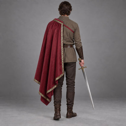 Back view of the burgundy half-shoulder cape showing its full length and gold-tone trimmed edge