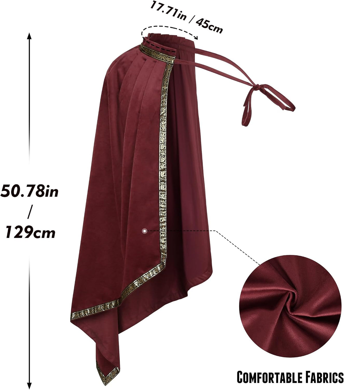 Burgundy half-shoulder cape laid flat with measurements: 50.78 in (129 cm) long, 17.71 in (45 cm) neckline with tie