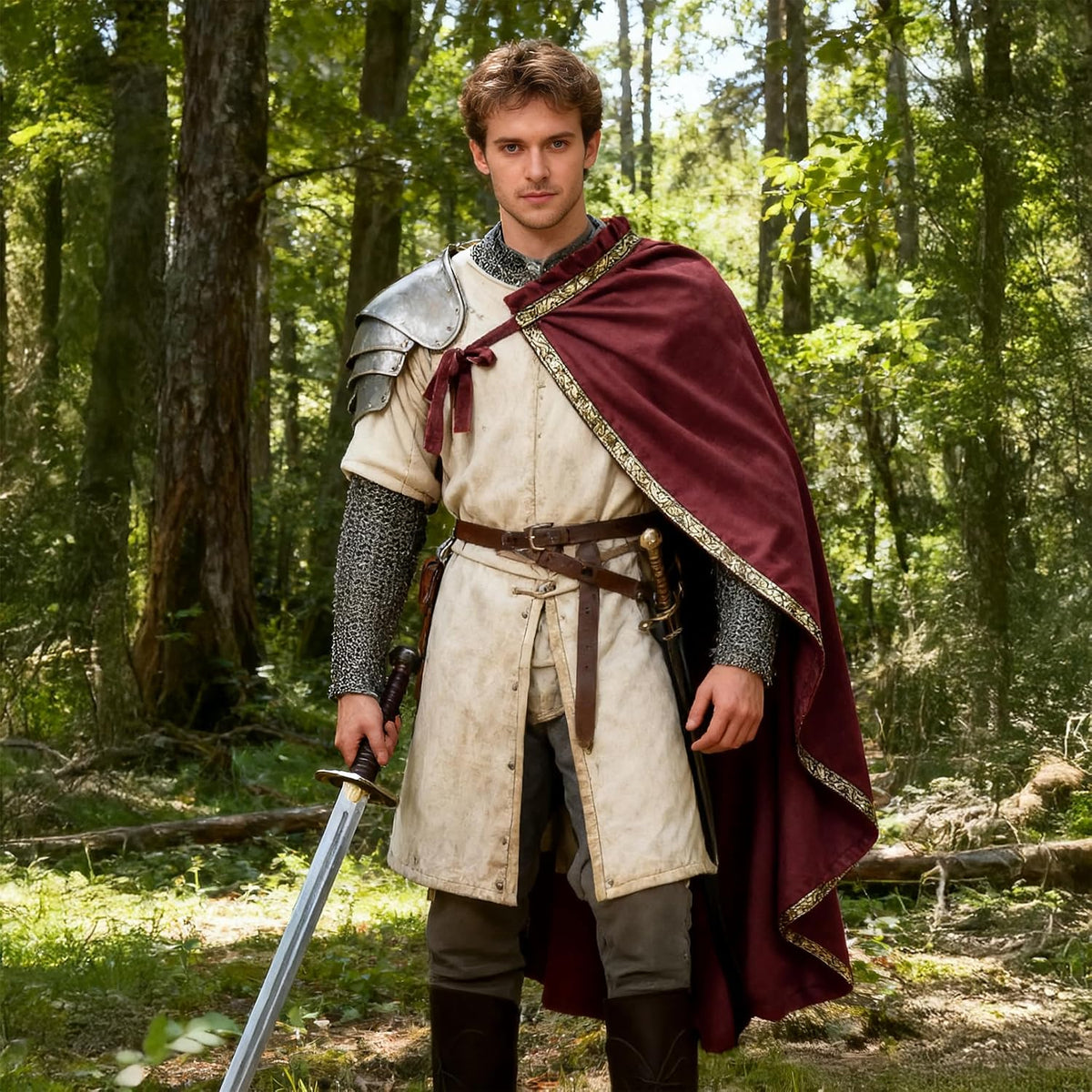 Wine red half-shoulder cape worn in a forest scene; shoulder armor, tunic and sword are styling props