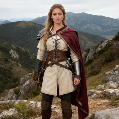 Woman wearing the wine red half-shoulder cape outdoors – unisex adult one-size cape