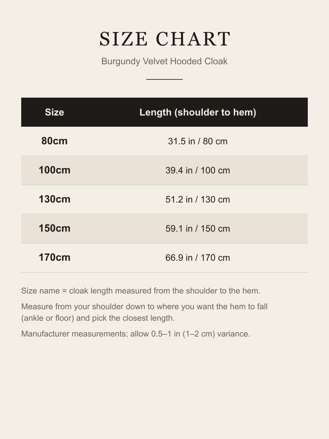 Size chart for the burgundy velvet hooded cloak: shoulder-to-hem length for 80, 100, 130, 150 and 170 cm sizes in inches and centimeters
