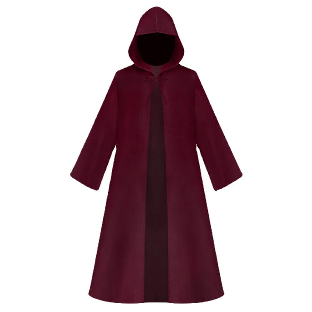 Burgundy hooded cloak robe product photo on white background showing the hood, neck tie, open front and bell sleeves