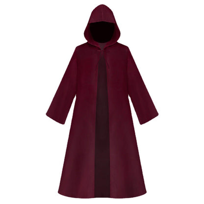 Burgundy hooded cloak robe product photo on white background showing the hood, neck tie, open front and bell sleeves