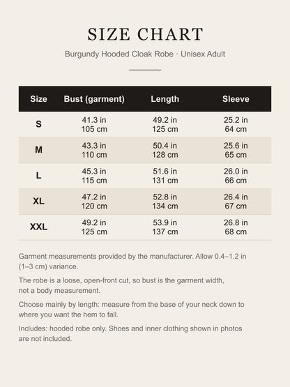 Size chart for the burgundy hooded robe: bust, length and sleeve for S to XXL in inches and centimeters