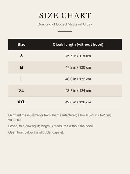 Size chart for the burgundy hooded cloak: cloak length for S, M, L, XL and XXL in inches and centimeters