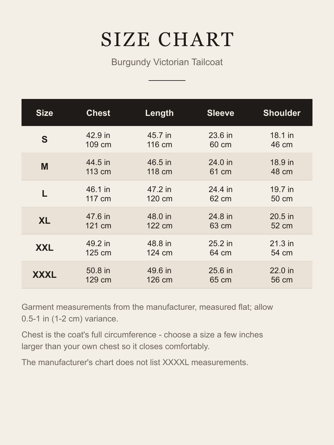 Size chart for the men's burgundy Victorian tailcoat: chest, length, sleeve and shoulder in inches and centimeters for S to XXXL
