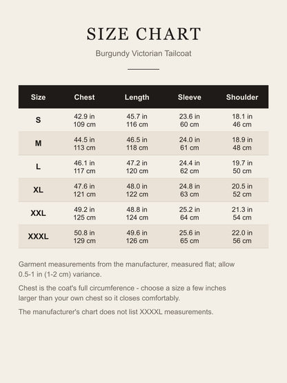 Size chart for the men's burgundy Victorian tailcoat: chest, length, sleeve and shoulder in inches and centimeters for S to XXXL