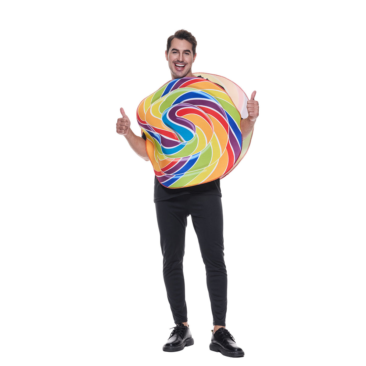 Man wearing the rainbow lollipop candy costume, front view on white background